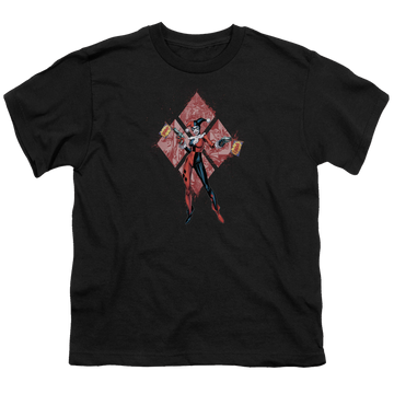 Black youth t-shirt for ages 8 to 12 with Harley Quinn (Diamonds) graphic