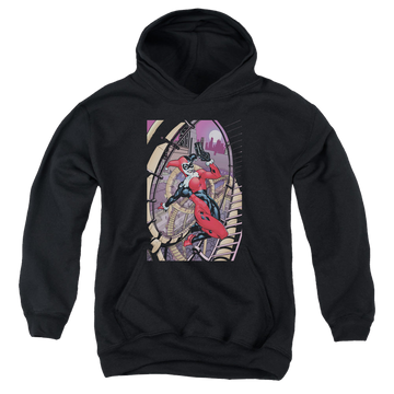 Black youth hoodie for ages 8 to 12 with Harley Quinn Harley First graphic