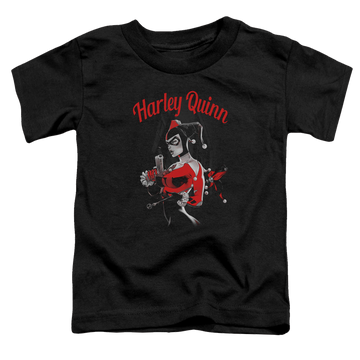 Black toddler t-shirt with Harley Quinn Spring Gun graphic
