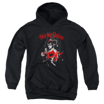 Black youth hoodie for ages 8 to 12 with Harley Quinn Spring Gun graphic
