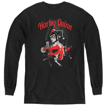 Black youth long sleeve t-shirt with Harley Quinn Spring Gun graphic