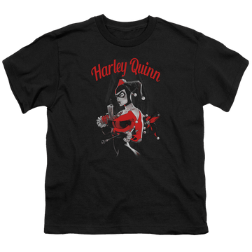 Black youth t-shirt for ages 8 to 12 with Harley Quinn Spring Gun graphic
