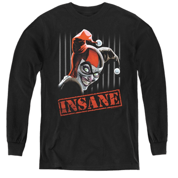 Black youth long sleeve t-shirt with Harley Quinn Insane graphic