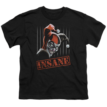 Black youth t-shirt for ages 8 to 12 with Harley Quinn Insane graphic