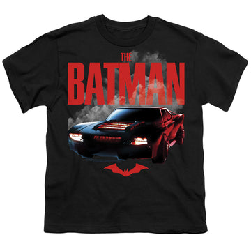 Black youth t-shirt for ages 8 to 12 with The Batman (2022) Batmobile graphic