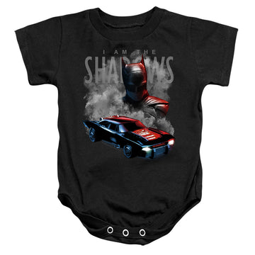 Black baby bodysuit with The Batman (2022) Batman And Batmobile graphic