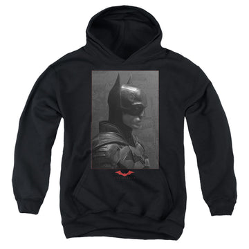 Black youth hoodie for ages 8 to 12 with The Batman (2022) Worn Portrait graphic
