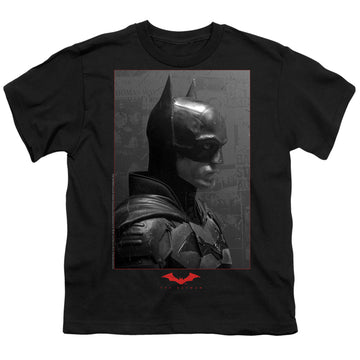 Black youth t-shirt for ages 8 to 12 with The Batman (2022) Worn Portrait graphic