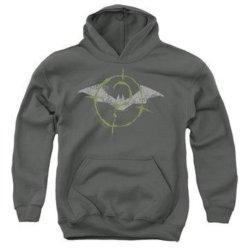Charcoal youth hoodie for ages 8 to 12 with The Batman (2022) Scribbles Bat Logo graphic
