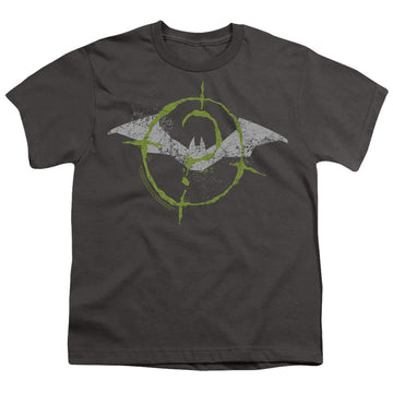 Charcoal youth t-shirt for ages 8 to 12 with The Batman (2022) Scribbles Bat Logo graphic