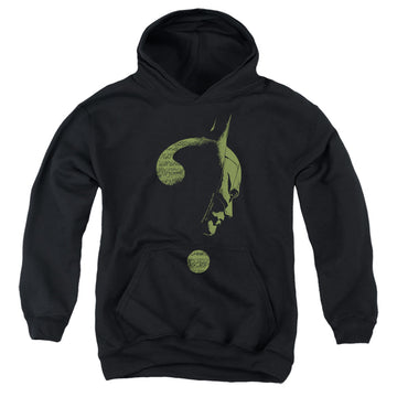Black youth hoodie for ages 8 to 12 with The Batman (2022) Question Mark graphic