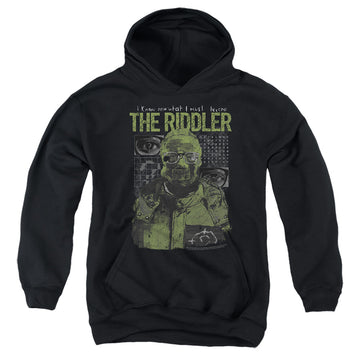 Black youth hoodie for ages 8 to 12 with The Batman (2022) Riddler Illustration graphic