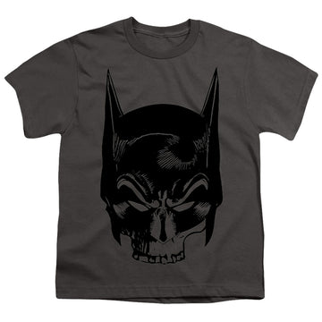 Charcoal youth t-shirt for ages 8 to 12 with The Batman (2022) Skull On Gray graphic