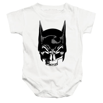 White baby bodysuit with The Batman (2022) Skull On White graphic