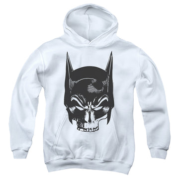 White youth hoodie for ages 8 to 12 with The Batman (2022) Skull On White graphic