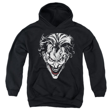 Black youth hoodie for ages 8 to 12 with The Batman (2022) Joker Red On Black graphic