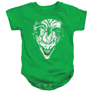 Kelly green baby bodysuit with The Batman (2022) Joker Red On Green graphic