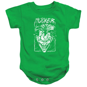 Kelly green baby bodysuit with The Batman (2022) Joker Storm On Green graphic