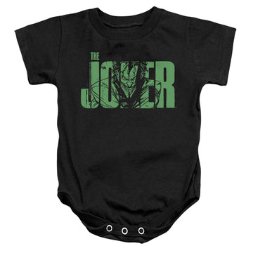 Black baby bodysuit with The Batman (2022) Joker Text On Black graphic