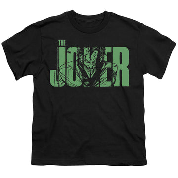 Black youth t-shirt for ages 8 to 12 with The Batman (2022) Joker Text On Black graphic