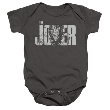 Charcoal baby bodysuit with The Batman (2022) Joker Text On Gray graphic