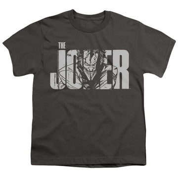 Charcoal youth t-shirt for ages 8 to 12 with The Batman (2022) Joker Text On Gray graphic