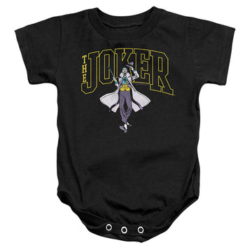 Black baby bodysuit with The Batman (2022) Joker Varsity On Black graphic