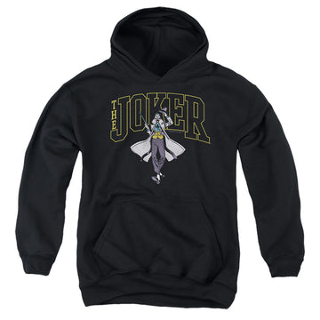 Black youth hoodie for ages 8 to 12 with The Batman (2022) Joker Varsity On Black graphic