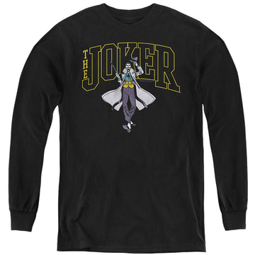 Black youth long sleeve t-shirt with The Batman (2022) Joker Varsity On Black graphic