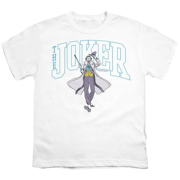 White youth t-shirt for ages 8 to 12 with The Batman (2022) Joker Varsity On White graphic