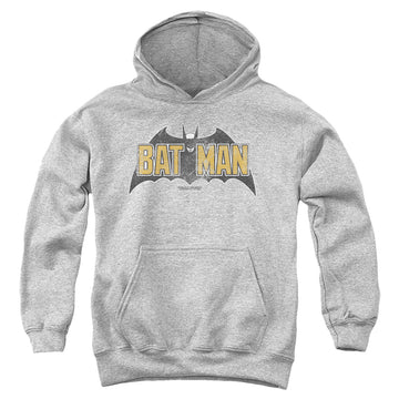 Athletic heather youth hoodie for ages 8 to 12 with The Batman (2022) Vintage Bat Logo On Gray graphic