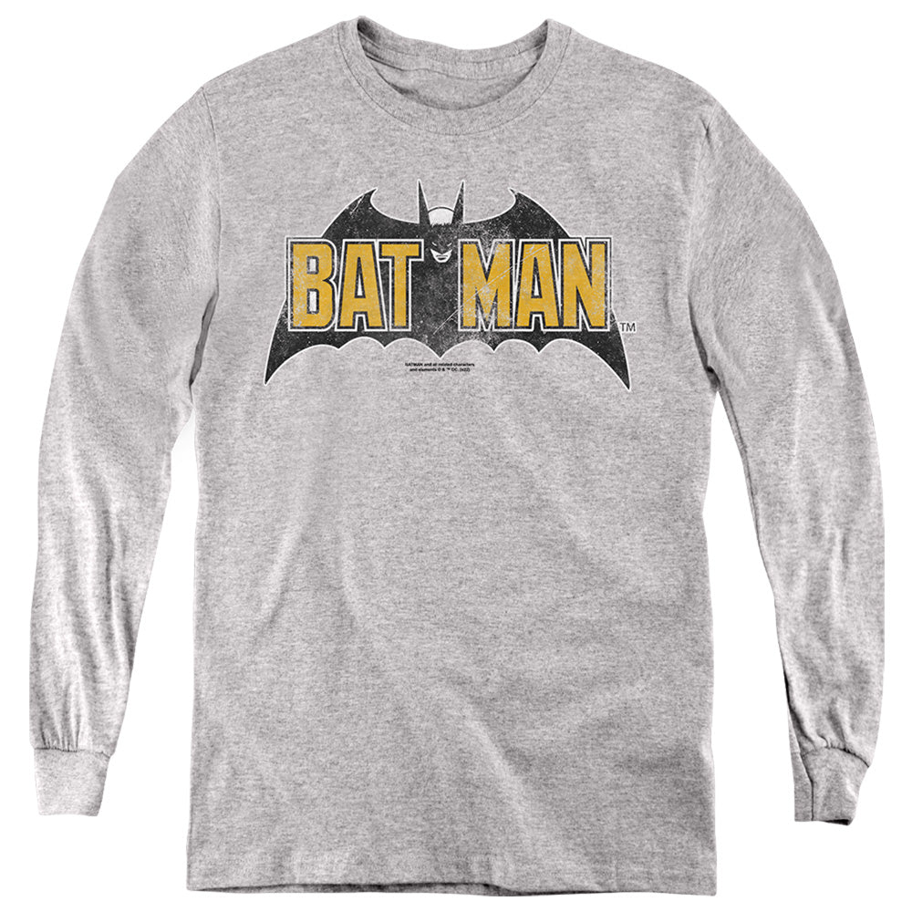 The Batman (2022) Vintage Bat Logo On Gray - Youth Long Sleeve T-Shirt Youth Long Sleeve T-Shirt Batman   