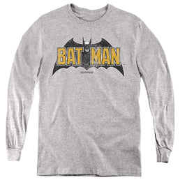 The Batman (2022) Vintage Bat Logo On Gray - Youth Long Sleeve T-Shirt Youth Long Sleeve T-Shirt Batman   