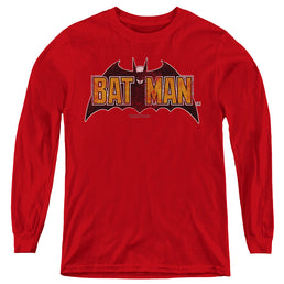 The Batman (2022) Vintage Bat Logo On Red - Youth Long Sleeve T-Shirt Youth Long Sleeve T-Shirt Batman   
