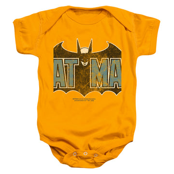 Gold baby bodysuit with The Batman (2022) Vintage Bat Logo On Gold graphic