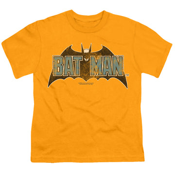 Gold youth t-shirt for ages 8 to 12 with The Batman (2022) Vintage Bat Logo On Gold graphic