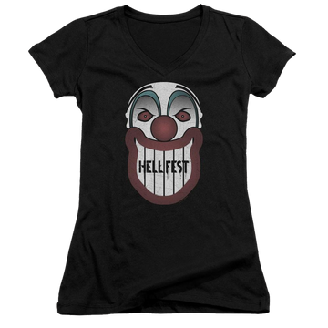 Black juniors v-neck t-shirt with Hell Fest Facade graphic