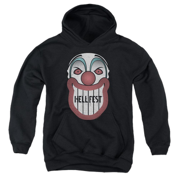 Black youth hoodie for ages 8 to 12 with Hell Fest Facade graphic