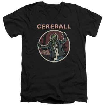 Black men's v-neck t-shirt with Hell Fest Cereball graphic