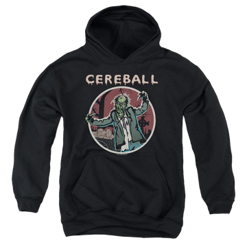 Black youth hoodie for ages 8 to 12 with Hell Fest Cereball graphic