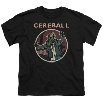 Black youth t-shirt for ages 8 to 12 with Hell Fest Cereball graphic