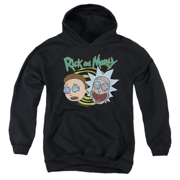 Black youth hoodie for ages 8 to 12 with Rick and Morty Blown Minds graphic