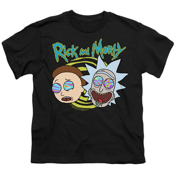 Black youth t-shirt for ages 8 to 12 with Rick and Morty Blown Minds graphic