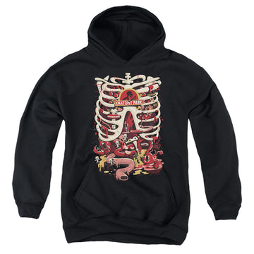 Black youth hoodie for ages 8 to 12 with Rick and Morty Anatomy Park Logo graphic