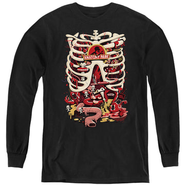 Black youth long sleeve t-shirt with Rick and Morty Anatomy Park Logo graphic