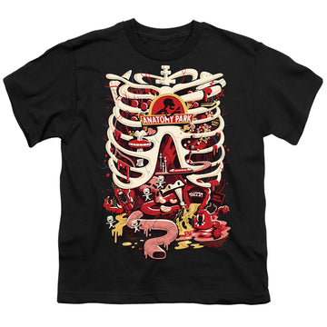 Black youth t-shirt for ages 8 to 12 with Rick and Morty Anatomy Park Logo graphic