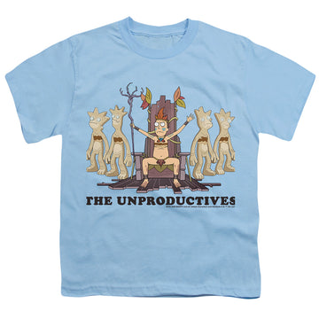 Light blue youth t-shirt for ages 8 to 12 with Rick and Morty The Unproductives graphic