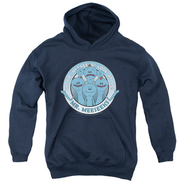 Navy youth hoodie for ages 8 to 12 with Rick and Morty Mr Meeseeks graphic