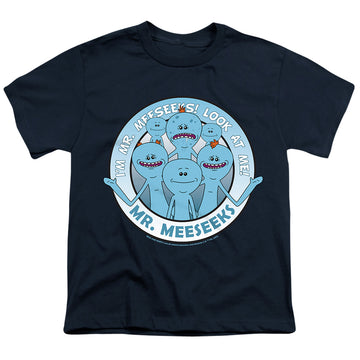 Navy youth t-shirt for ages 8 to 12 with Rick and Morty Mr Meeseeks graphic