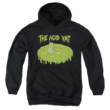Black youth hoodie for ages 8 to 12 with Rick and Morty The Acid Vat graphic